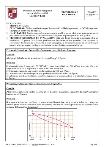 Evaluación de Bachillerato para el Acceso a la Universidad Castilla y León TECNOLOGÍA E INGENIERIA II EXAMEN N páginas 4 INDICACIONES 1 TIEMPO 90 minutos 2 OPTATIVIDAD El alumno deberá escoger libremente CUATRO preguntas de las OCHO propuestas Se expresará claramente las elegidas 3 CALCULADORA Podrán usarse calculadoras no programables que no admitan memoria para texto ni para resolución de ecuaciones ni para resolución de integrales ni para representaciones gráficas 4 CRITERIOS GENERALES DE EV…